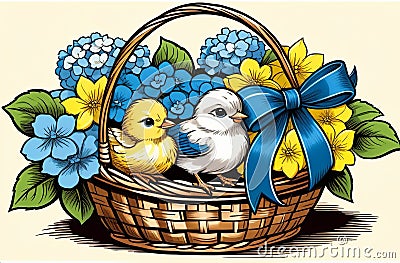 Basket with spring flowers and a small songbird. Stock Photo