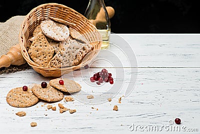 basket with sweet homemade classical Italian cookies on light wo Stock Photo