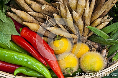 Basket of Thai home grown vegetable Stock Photo