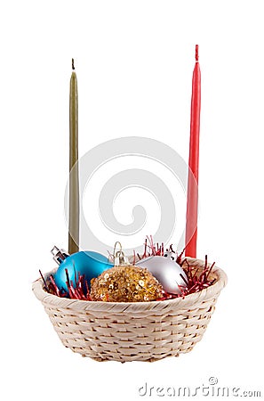 Basket with three christmas ball Stock Photo
