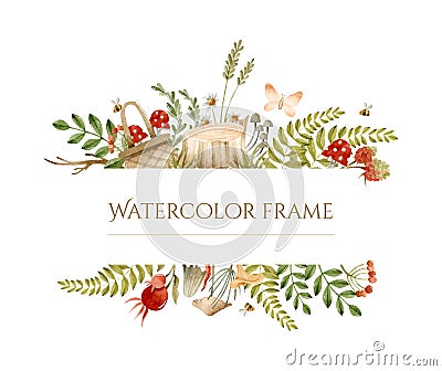 Basket with toadstools, butterfly, fern and stump with mushrooms watercolor frame Vector Illustration