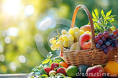 basket with variety of fresh organic vegetables and fruits in the garden Stock Photo