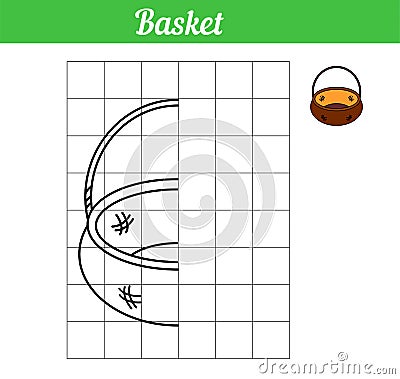 Basket. Vector game copy the picture. Simple coloring book with grid for printing and paint. Illustration easy game for education Vector Illustration