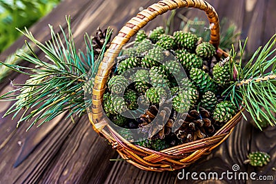 basket of vibrant green pine cones, destined for healing jam Stock Photo