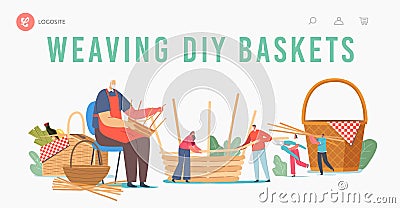 Basket Weaving Diy Landing Page Template. Senior Male Character Make Wicker Pannier of Natural Materials, Handmade Vector Illustration