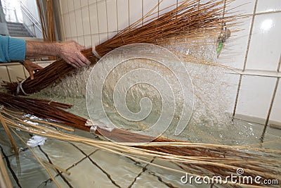 Basket weaving in a sheltered workshop Stock Photo
