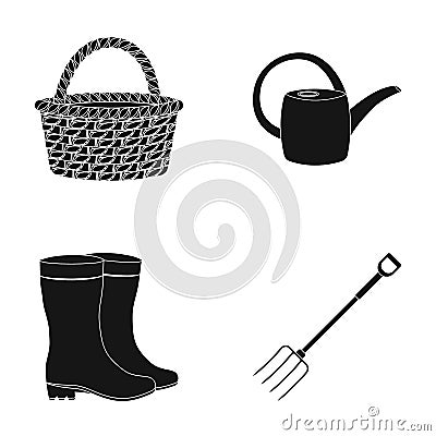 Basket wicker, watering can for irrigation, rubber boots, forks. Farm and gardening set collection icons in black style Vector Illustration