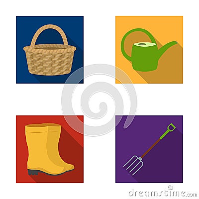 Basket wicker, watering can for irrigation, rubber boots, forks. Farm and gardening set collection icons in flat style Vector Illustration