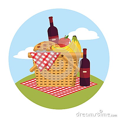 Basket with wines bottle and fruits in the tablecloth Vector Illustration