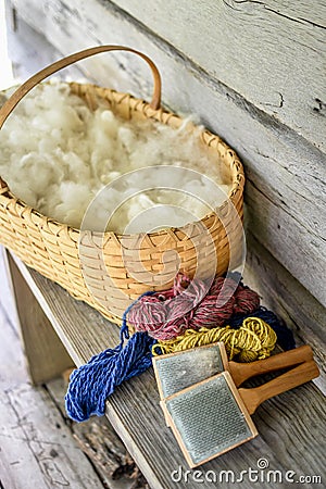 Basket of Wool, Carding Brushes Stock Photo