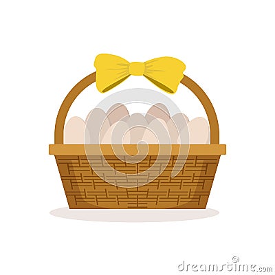 Basket with yellow bow full of fresh farm eggs vector Illustration Vector Illustration