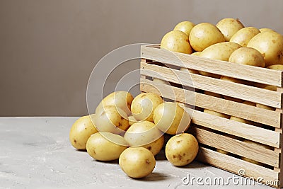 Basket with young potato on gray background Stock Photo