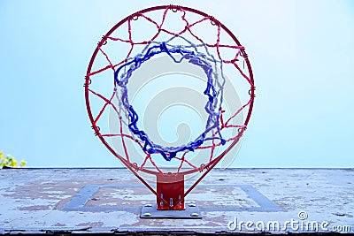 Basketball backboard with a basket on a blue sky,concept of sports Stock Photo