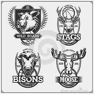 Basketball badges, labels and design elements. Sport club emblems with deer, bison, elk and wild boar. Print design for t-shirts. Vector Illustration