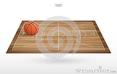 Basketball ball on basketball court with wooden floor pattern. Vector Illustration