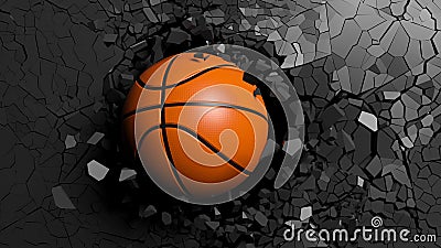 Basketball ball breaking forcibly through a black wall. 3d illustration. Cartoon Illustration