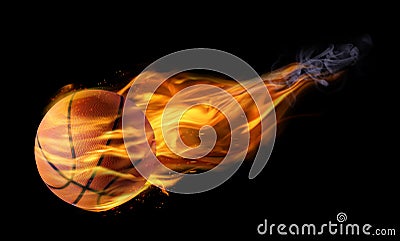 Basketball ball with bright flame on black background. Banner design Stock Photo
