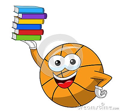 Basketball ball cartoon funny character pile books isolated Vector Illustration