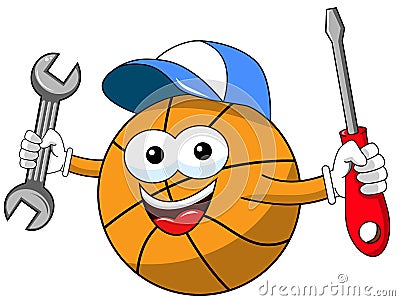 basketball ball cartoon funny character plumber tools fixing isolated Vector Illustration