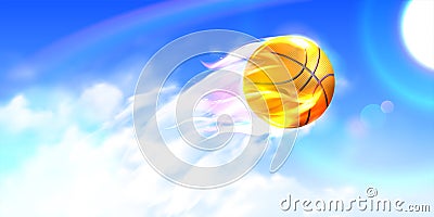 Basketball ball fast fly in a sky with fiery flames Stock Photo