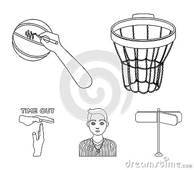 Basketball basket, autograph on the ball, referee on the game, gesture time out. Basketball set collection icons in Vector Illustration