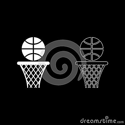 Basketball basket and ball Hoop net and ball icon outline set white color vector illustration flat style image Vector Illustration