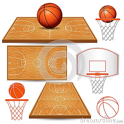 Basketball basket, hoop, ball, fields isolated on white background Vector Illustration