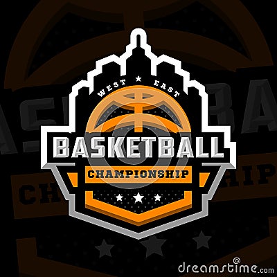 Basketball championship, sports logo, emblem on a dark background. Vector illustration. Vector Illustration