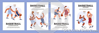 Basketball competition vector poster template sport set, cartoon basketball players fight for the ball, defense, offense Vector Illustration