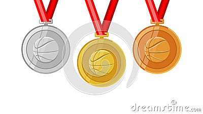 Basketball complete shinny medals set gold siver and bronze in flat style Vector Illustration