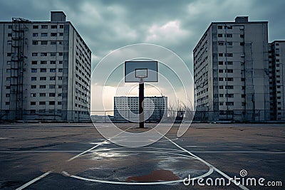 Basketball court in a gloomy empty city Stock Photo