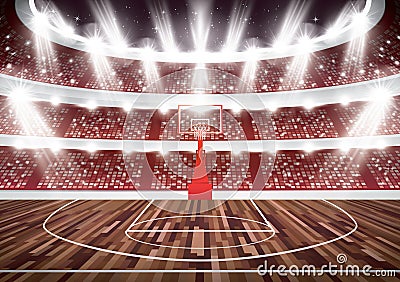 Basketball Court with Hoop and Spotlights. Stock Photo