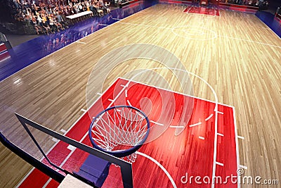 Basketball court with people fan. Sport arena.Photoreal 3d render background. blured in long shot distancelike leans optical Stock Photo