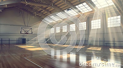 Basketball court in a vacant school gym, illuminated by sunlight from above. Spacious gym. Concept of scholastic sports Stock Photo