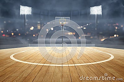 Basketball court with wooden floor, lights reflectors, and tribune Stock Photo