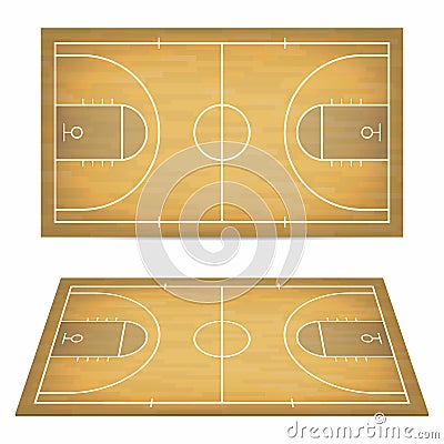 Basketball court with wooden floor. View from above and perspective, isometric view. Vector Illustration