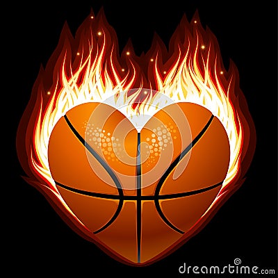 Basketball on fire in the shape of heart Vector Illustration