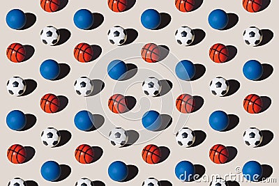 Basketball, football and blue ball on beige background. Sport pattern with ball toys Stock Photo