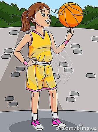 Basketball Girl Spinning the Ball Colored Cartoon Vector Illustration
