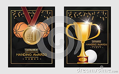 Basketball and golf sports trophy and medals Vector Illustration