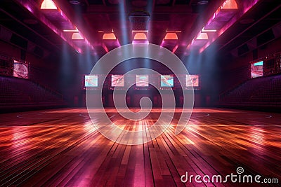 neon corridor indoor interior perspective wall game arena background basketball empty hall. Generative AI. Stock Photo