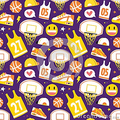 Basketball hand drawn cartoon objects seamless vector pattern purple Vector Illustration