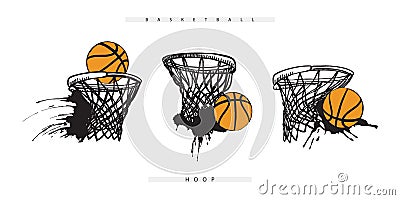 Vector basketball hoop with the ball. Set of grunge sports elements for design t-shirts, banner, flyer, poster. Dirty Vector Illustration