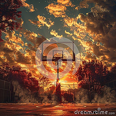 A basketball hoop in a natural landscape with trees, sunset, and sky afterglow Stock Photo