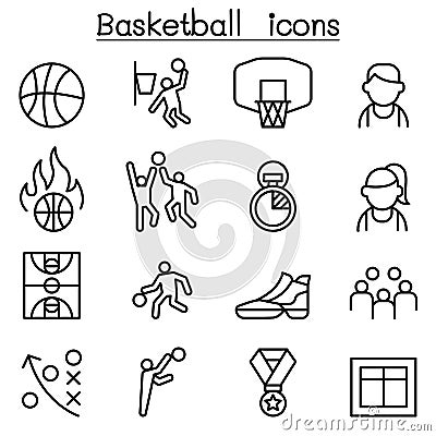 Basketball icon set in thin line style Vector Illustration