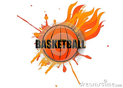 Basketball logo with grunge splatter and fire on white background Vector Illustration