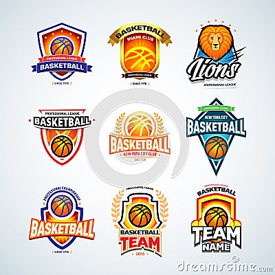 Basketball logo templates set, basketball logotype collection, badge logo design templates, sport logotype templates. Cartoon Illustration