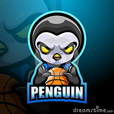 Basketball penguin mascot esport logo design Vector Illustration