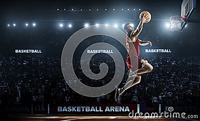 One basketball player jump in stadium panorama view Stock Photo