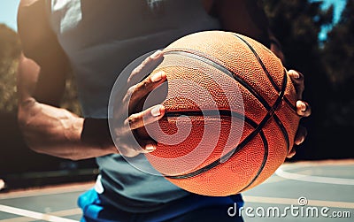 Basketball, basketball player and athlete hands closeup holding ball on basketball court in urban city park outside Stock Photo